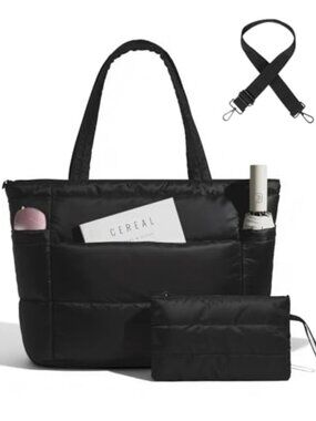 Quilted Puffer Tote Bag for Women Lightweight Work Purse with Laptop